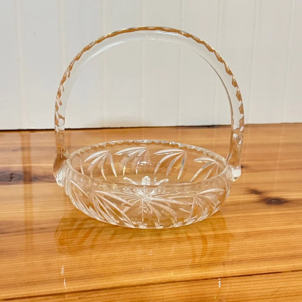 Vintage Cut Glass Basket Home Decor Clear Excellent Starburst Fan Pattern